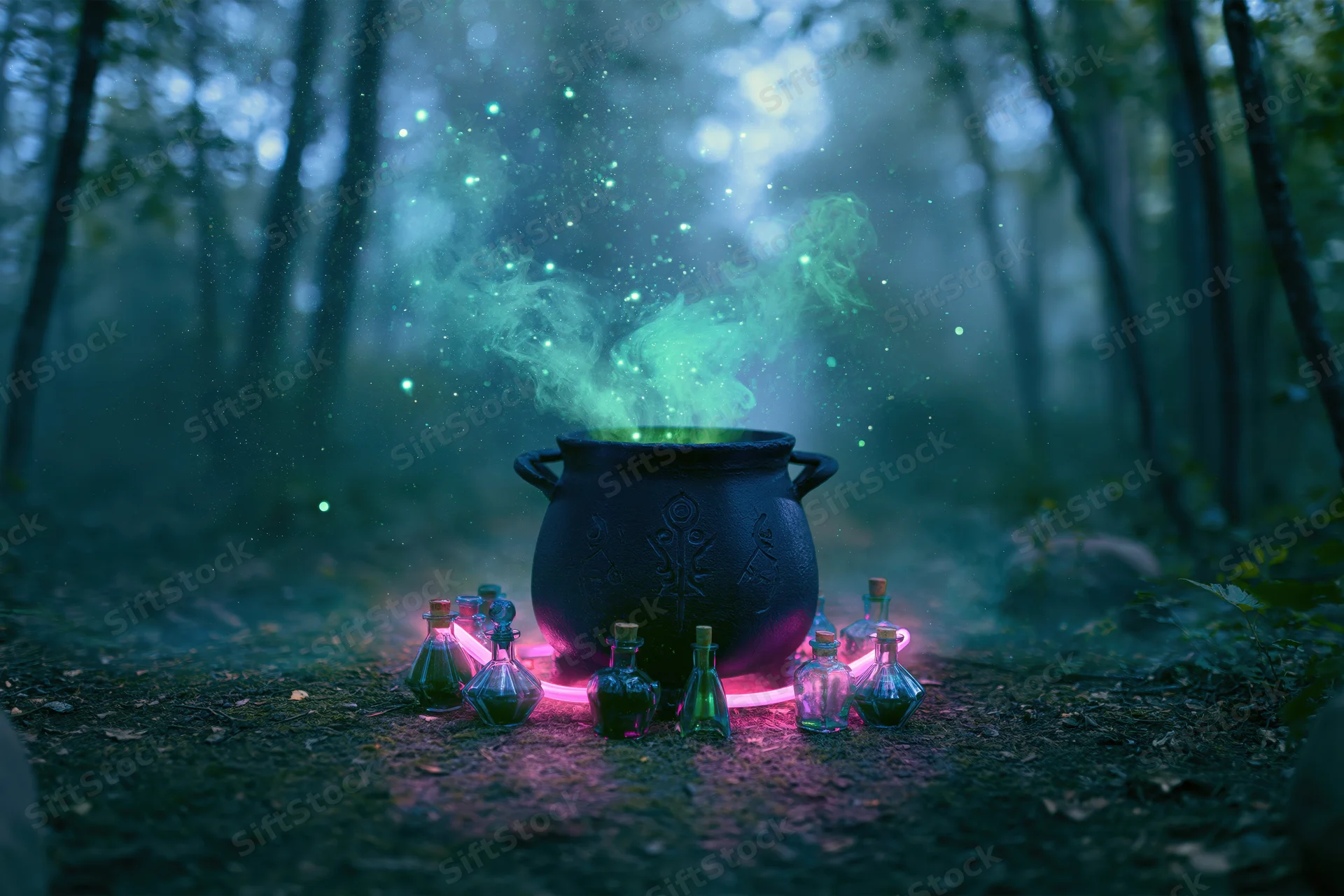 Dark iron cauldron emitting green glowing smoke on forest path surrounded by potion bottles at night