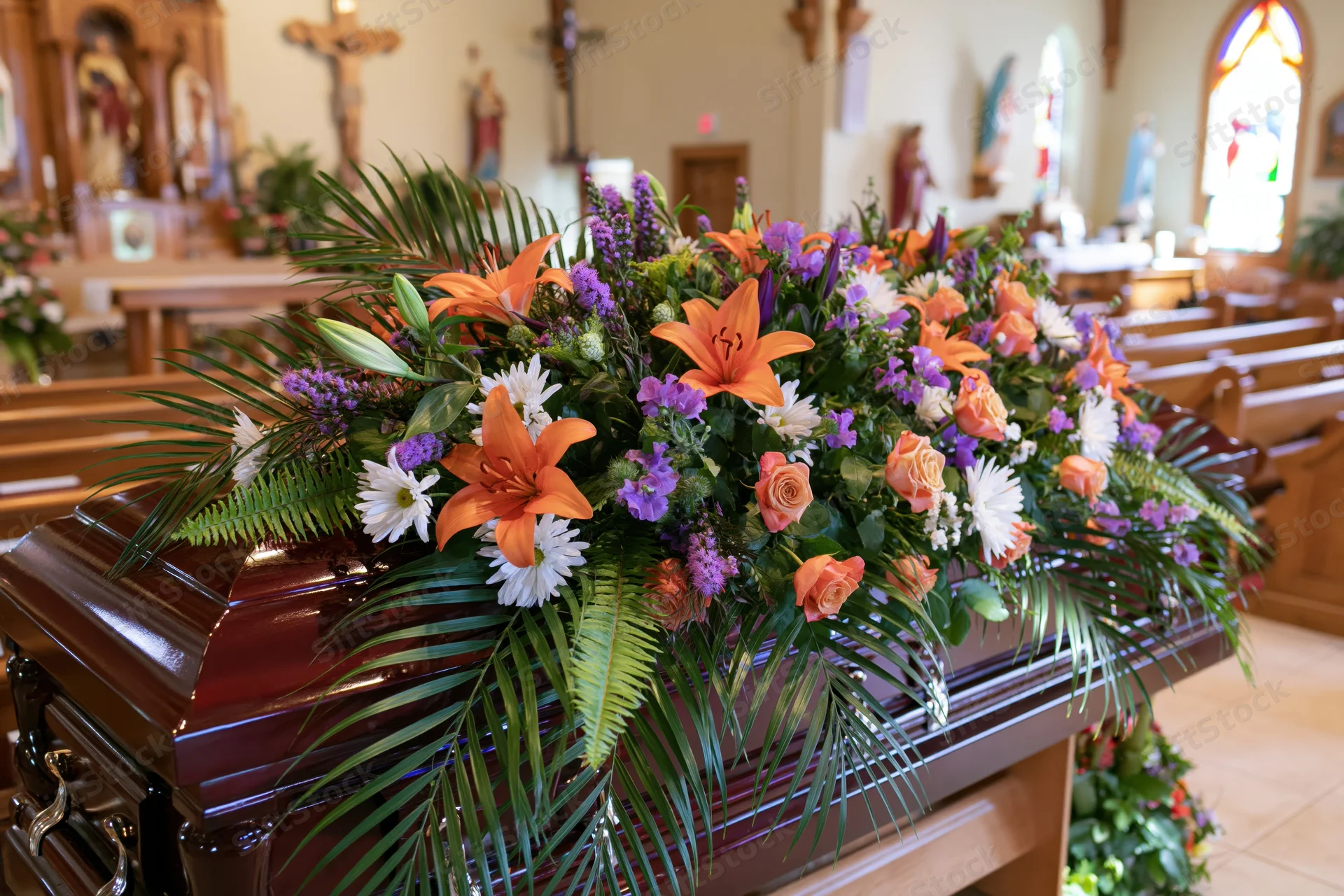Dark mahogany casket adorned with large floral arrangement in church setting