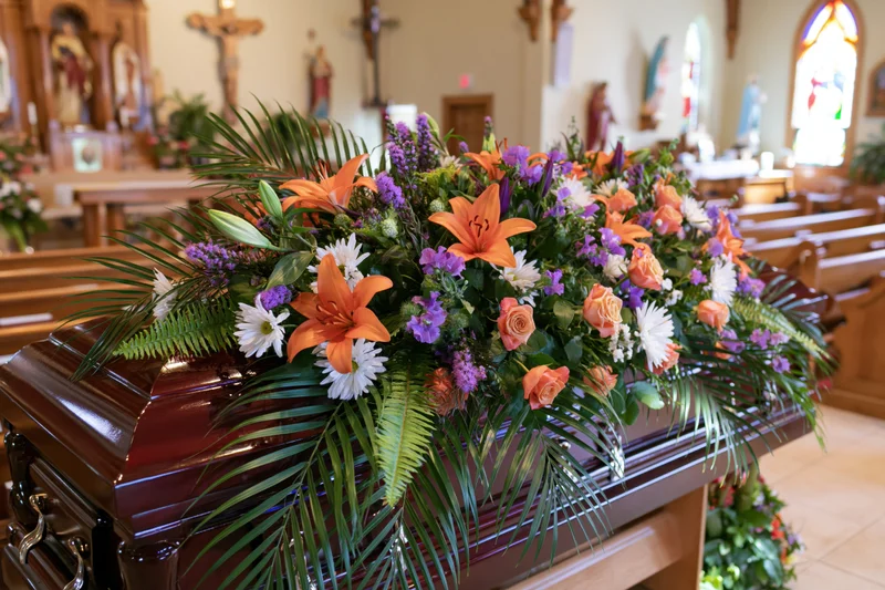 Dark mahogany casket adorned with large floral arrangement in church setting