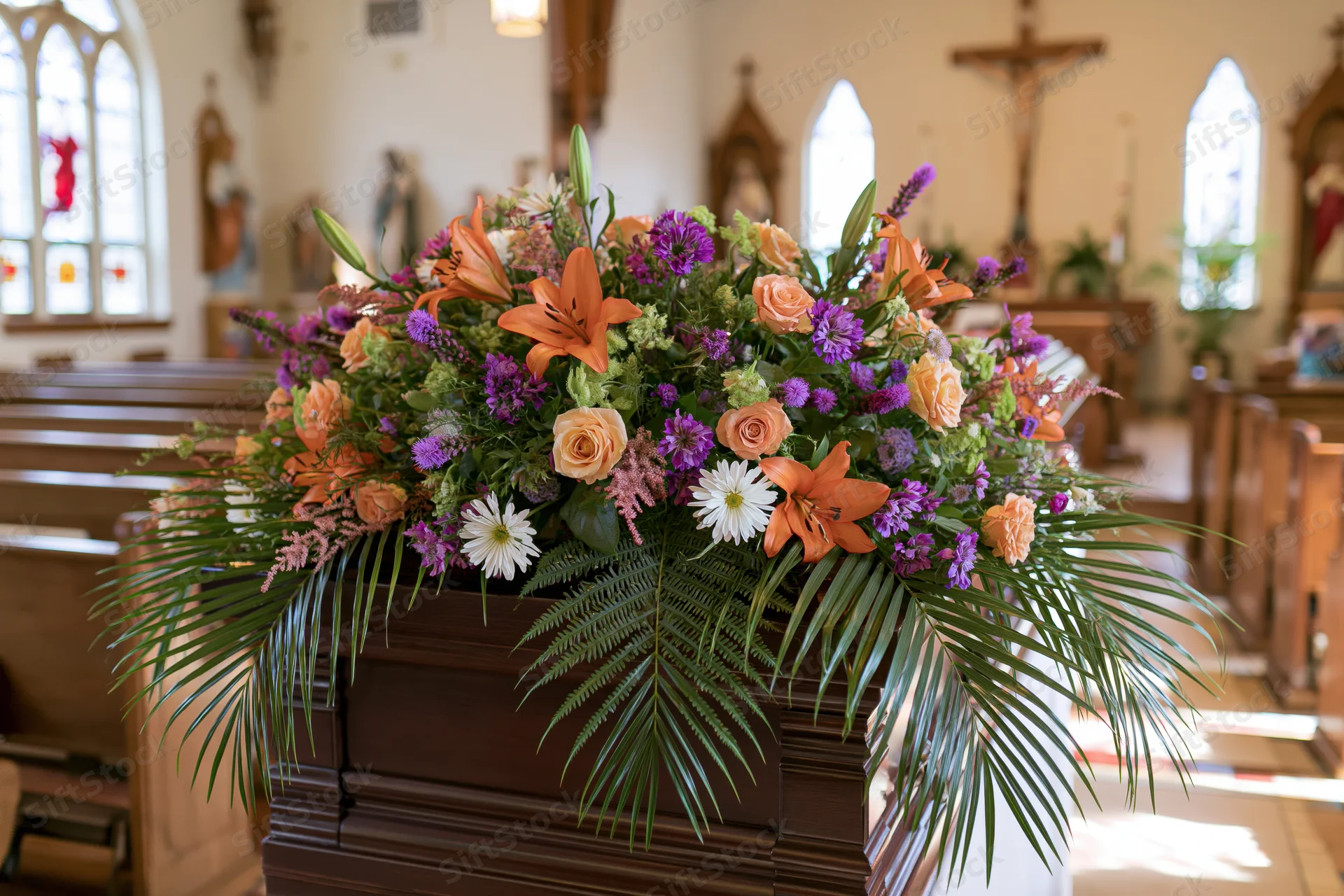 Dark mahogany coffin adorned with large floral arrangement in church interior