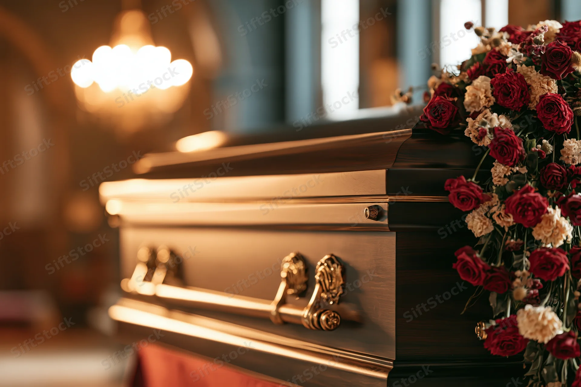 Dark mahogany casket with ornate brass handles and floral arrangement in church interior