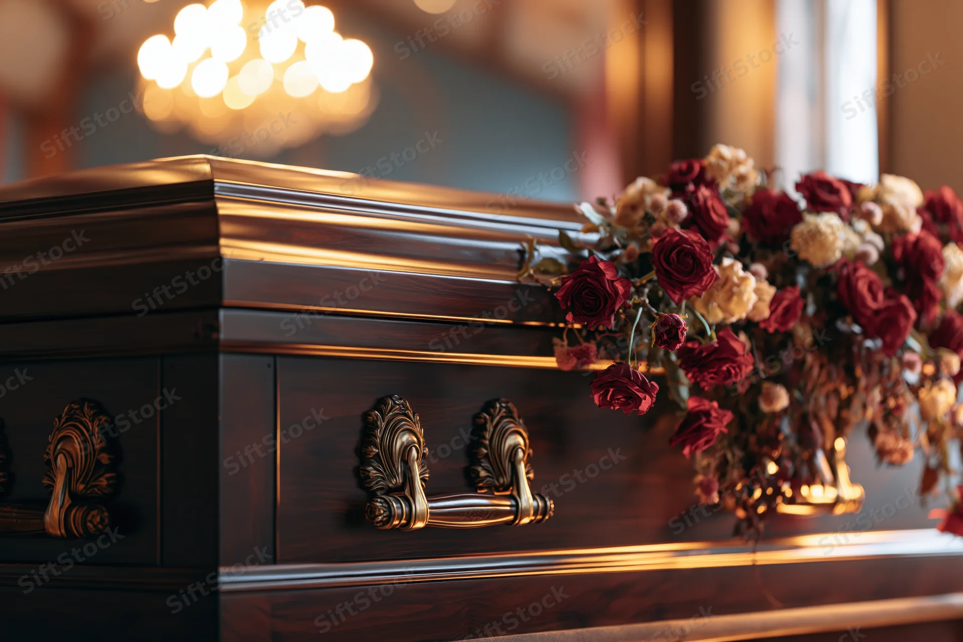 Dark mahogany casket with ornate brass handles and red roses arranged on top in a warmly lit funeral home interior