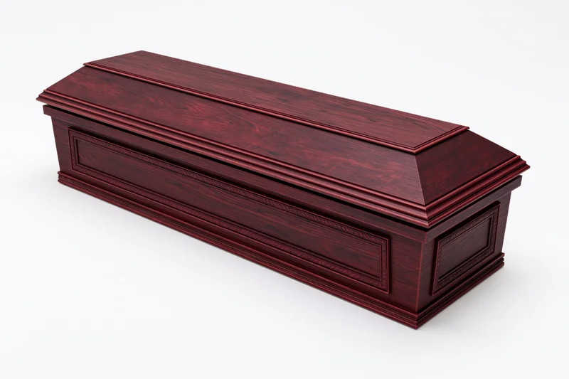 Dark mahogany wooden coffin with carved panel detailing on white background