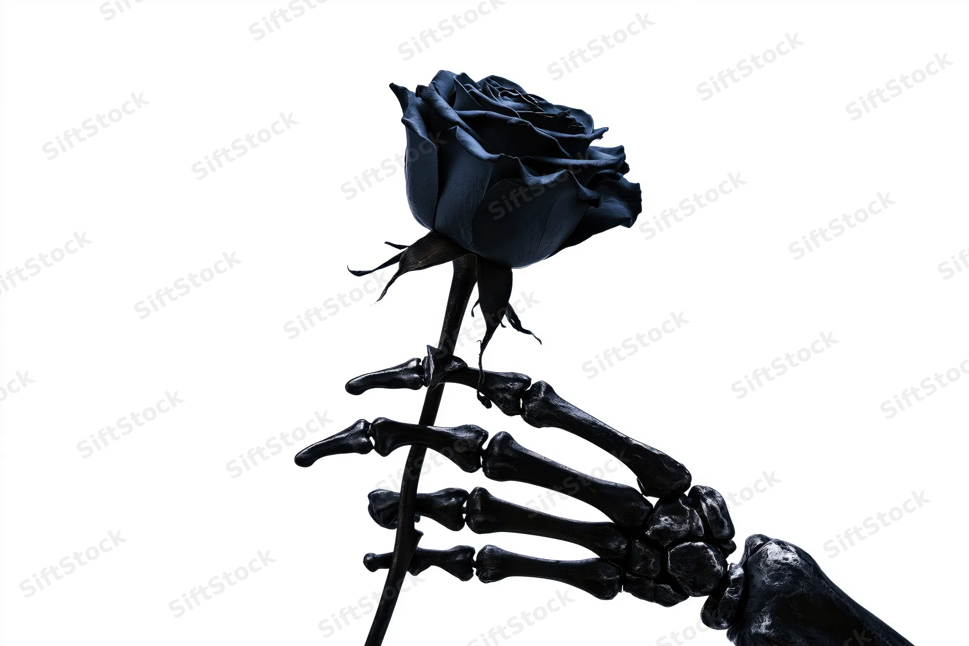 Skeleton hand gripping a black rose against white background