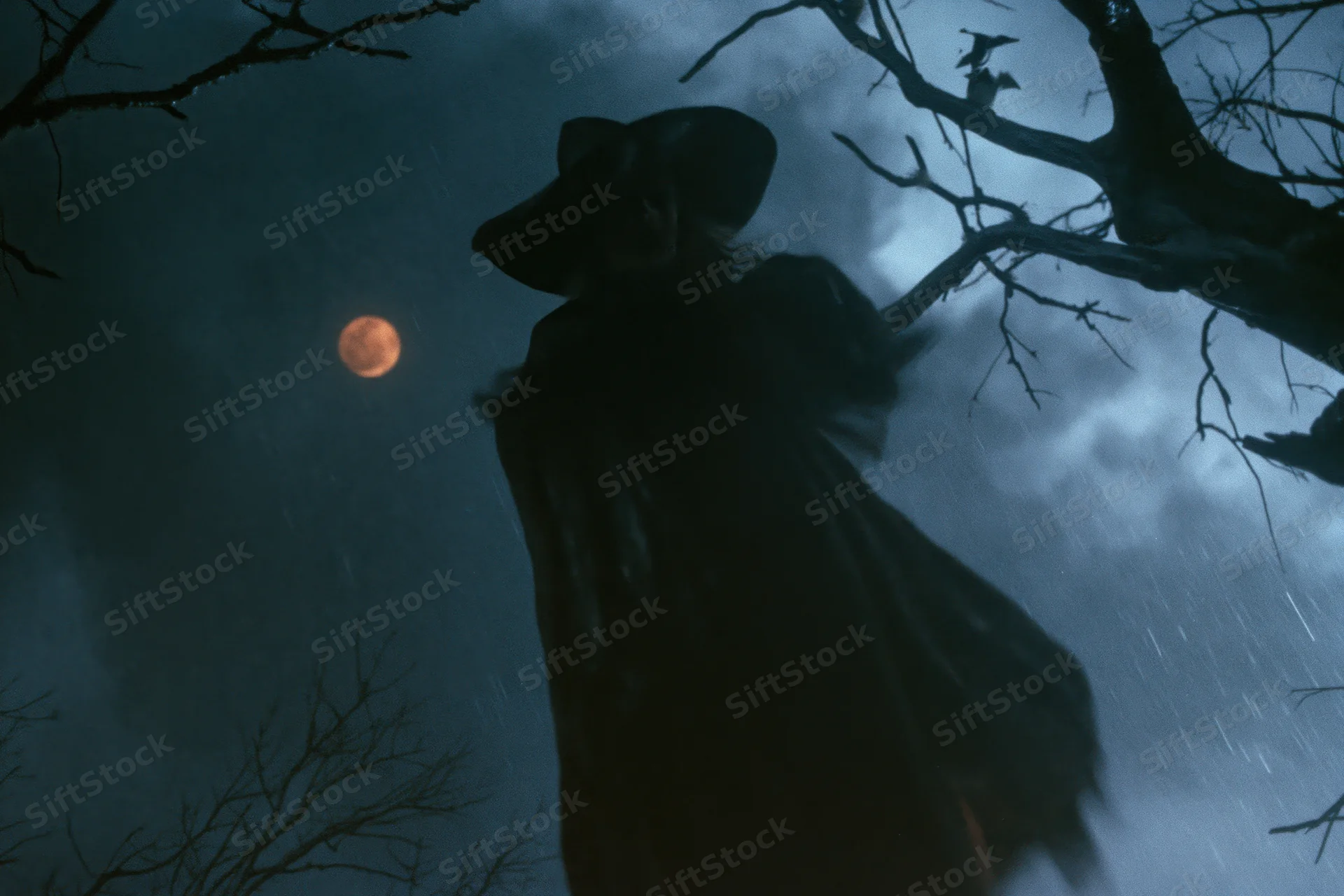 Witch silhouette in wide-brimmed hat and cloak standing in rainy forest at night under red moon