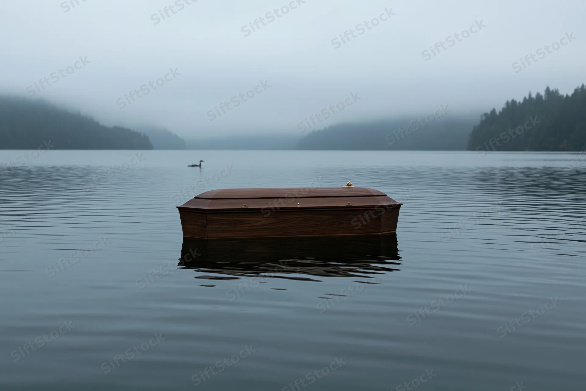 Dark walnut coffin floating on calm lake water with misty forested mountains in background