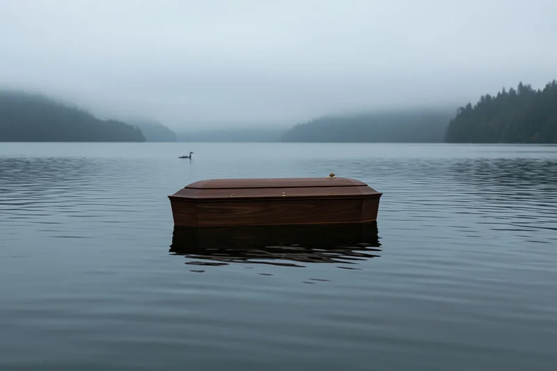 Dark walnut coffin floating on calm lake water with misty forested mountains in background