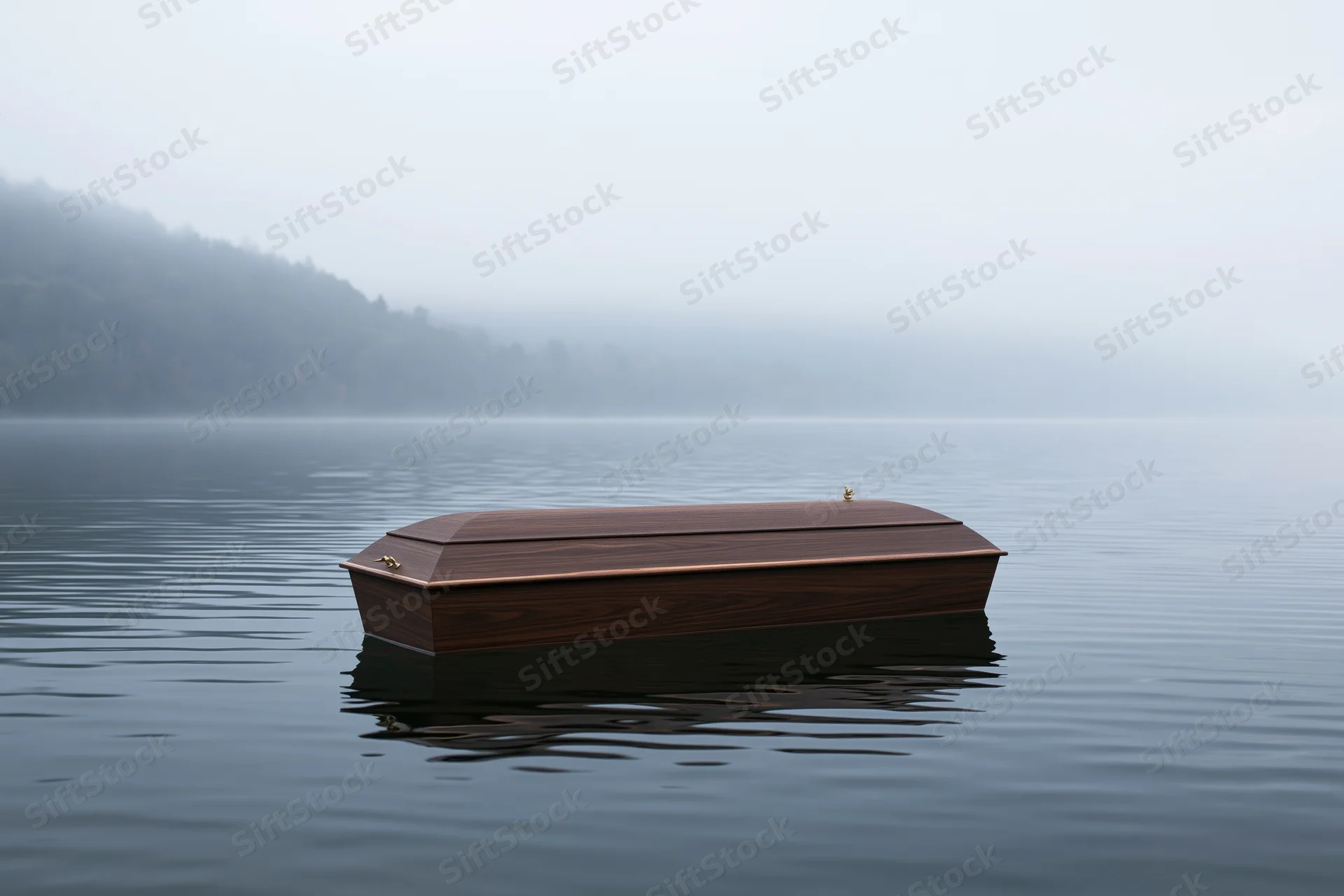 Dark walnut wooden coffin floating on calm misty lake water with forested hills in background