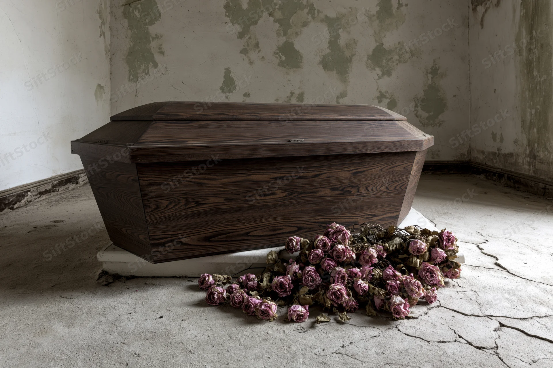 Dark wooden coffin on white platform in dilapidated room with dried purple roses on cracked floor