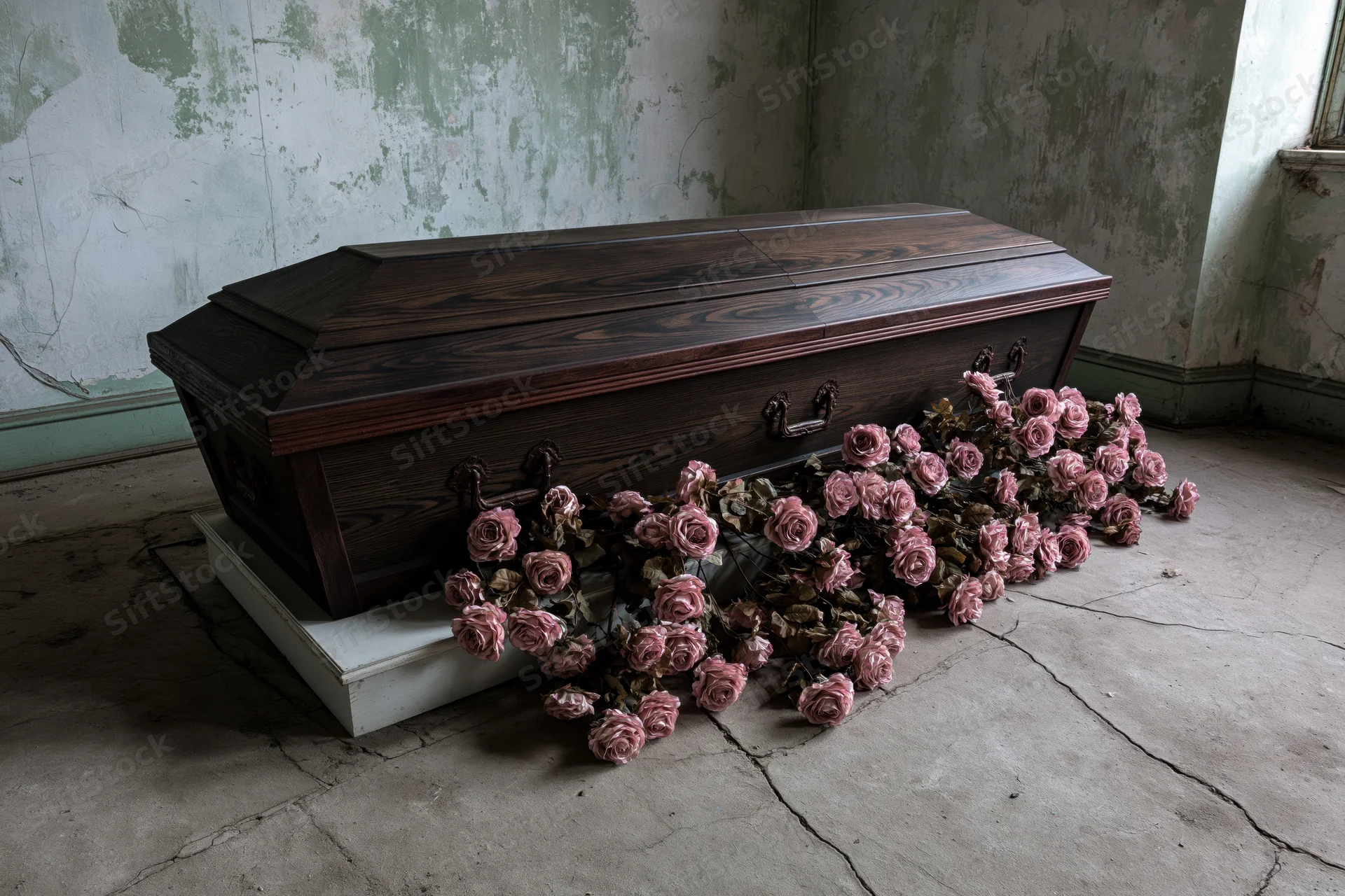 Dark wooden coffin on white platform surrounded by pink roses in dilapidated room