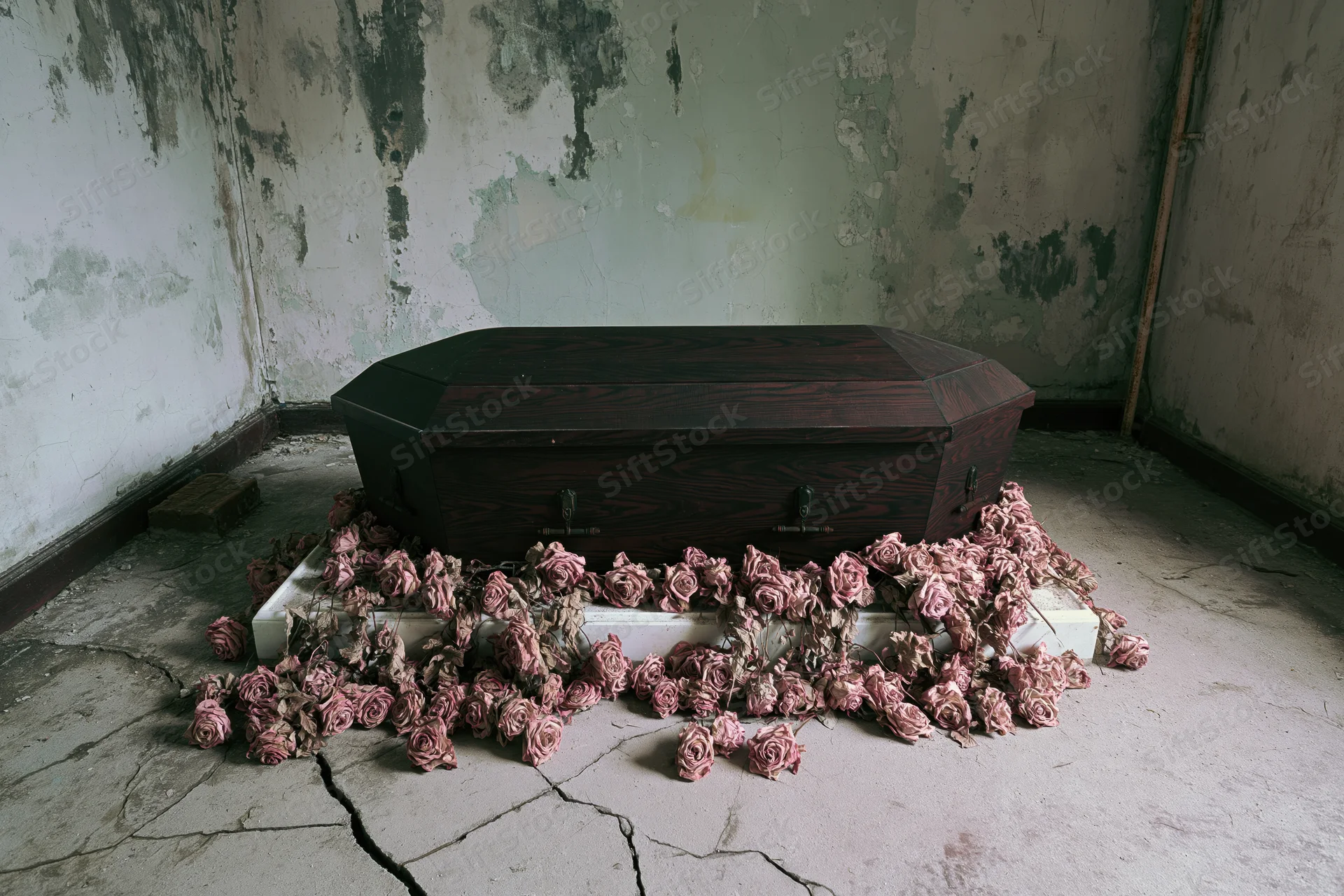 Dark wooden coffin on white platform surrounded by dried roses in dilapidated room