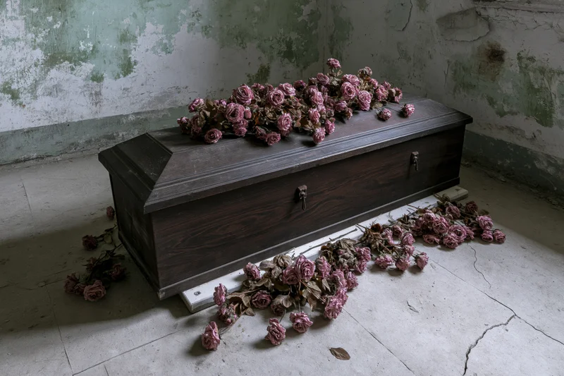 Dark wooden coffin on white platform surrounded by wilted pink roses in dilapidated room