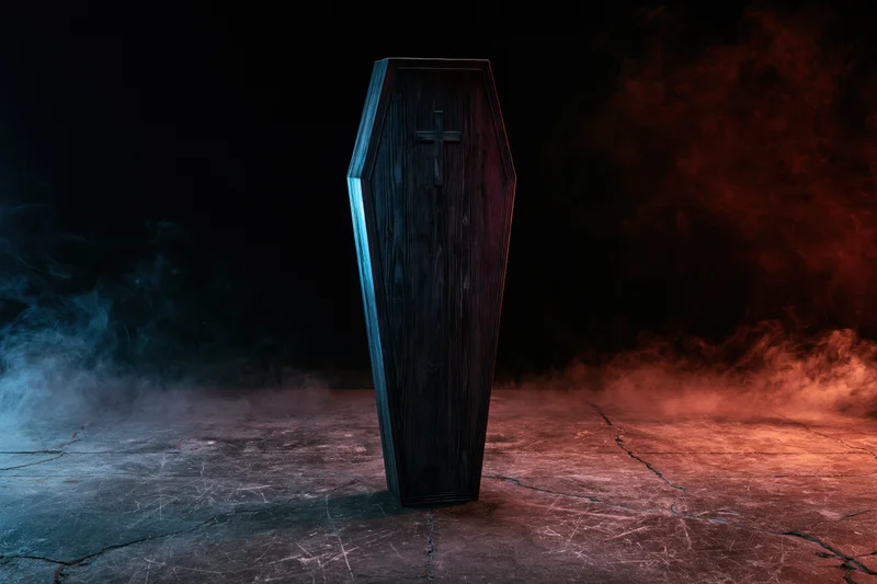 Dark wooden coffin standing upright with a cross on it in a smoky, cracked stone floor setting lit with red and blue dramatic lighting