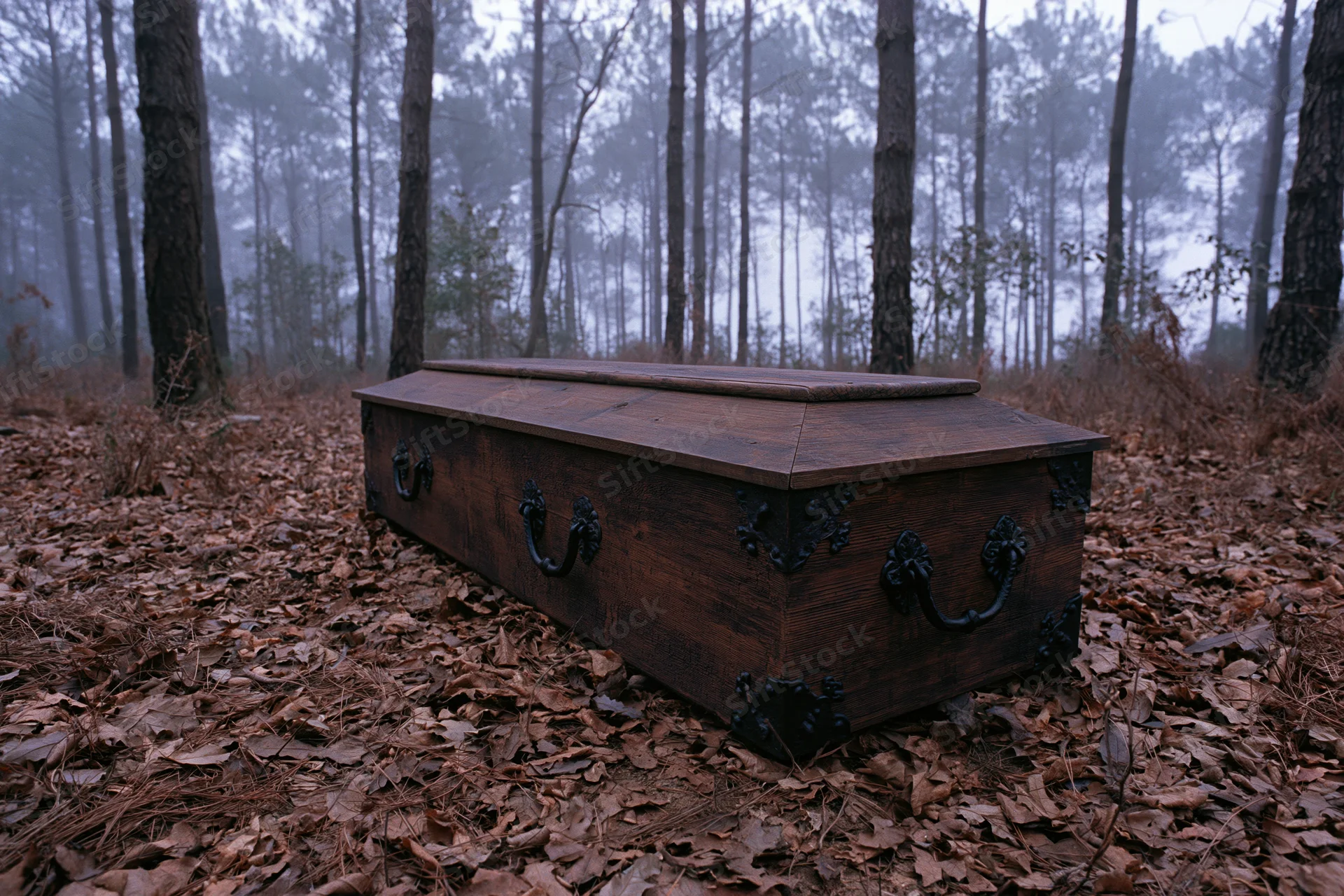 Dark wooden coffin with iron handles resting on leaf-covered forest floor in foggy autumn woodland