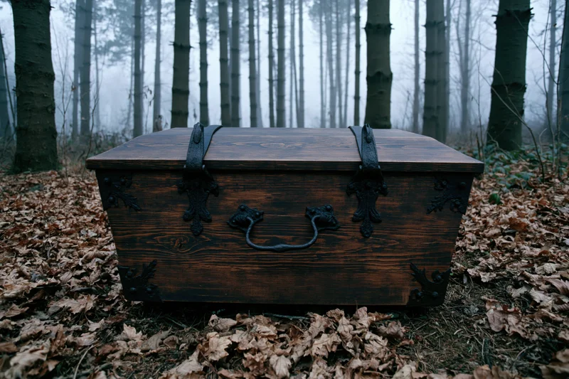 Dark wooden coffin with iron handles and metal brackets resting on leaf-covered ground in foggy forest