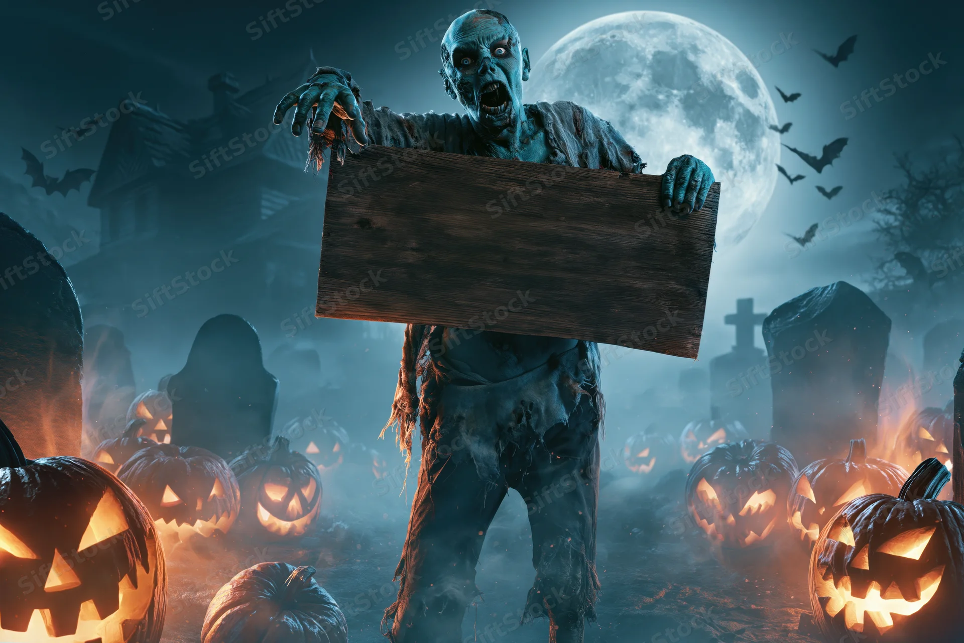 Decayed zombie holding blank wooden sign in foggy graveyard surrounded by glowing pumpkins under full moon