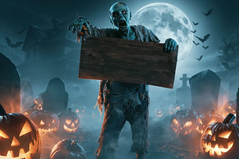 Decayed zombie holding blank wooden sign in foggy graveyard surrounded by glowing pumpkins under full moon