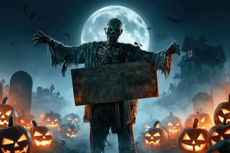 Decayed zombie holding blank wooden sign in graveyard surrounded by glowing pumpkins under full moon