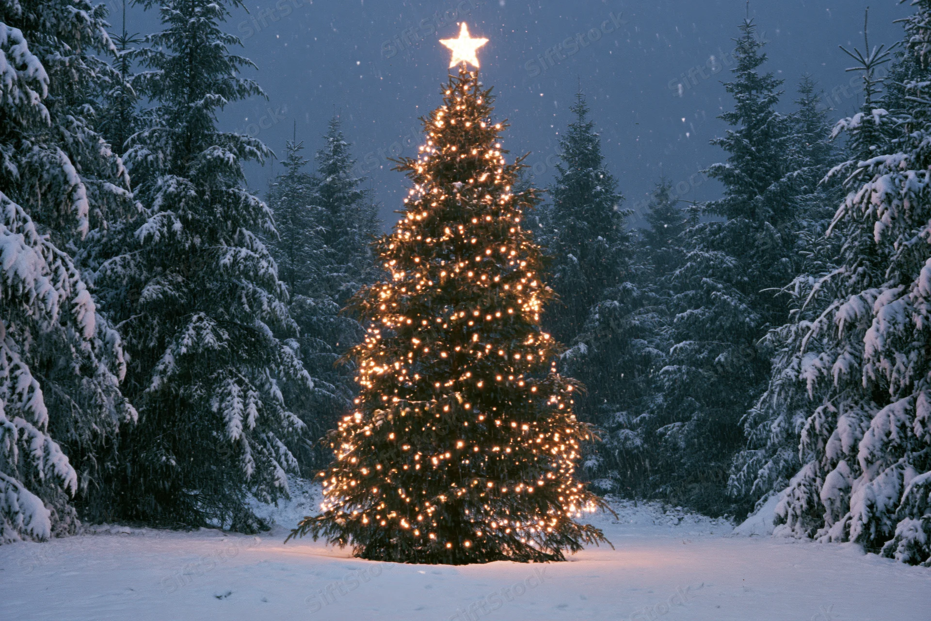 Illuminated christmas tree decorated with golden lights and star in snowy forest at night