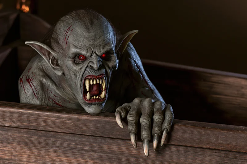 Vampire monster prop rising from wooden coffin with fangs and claws visible