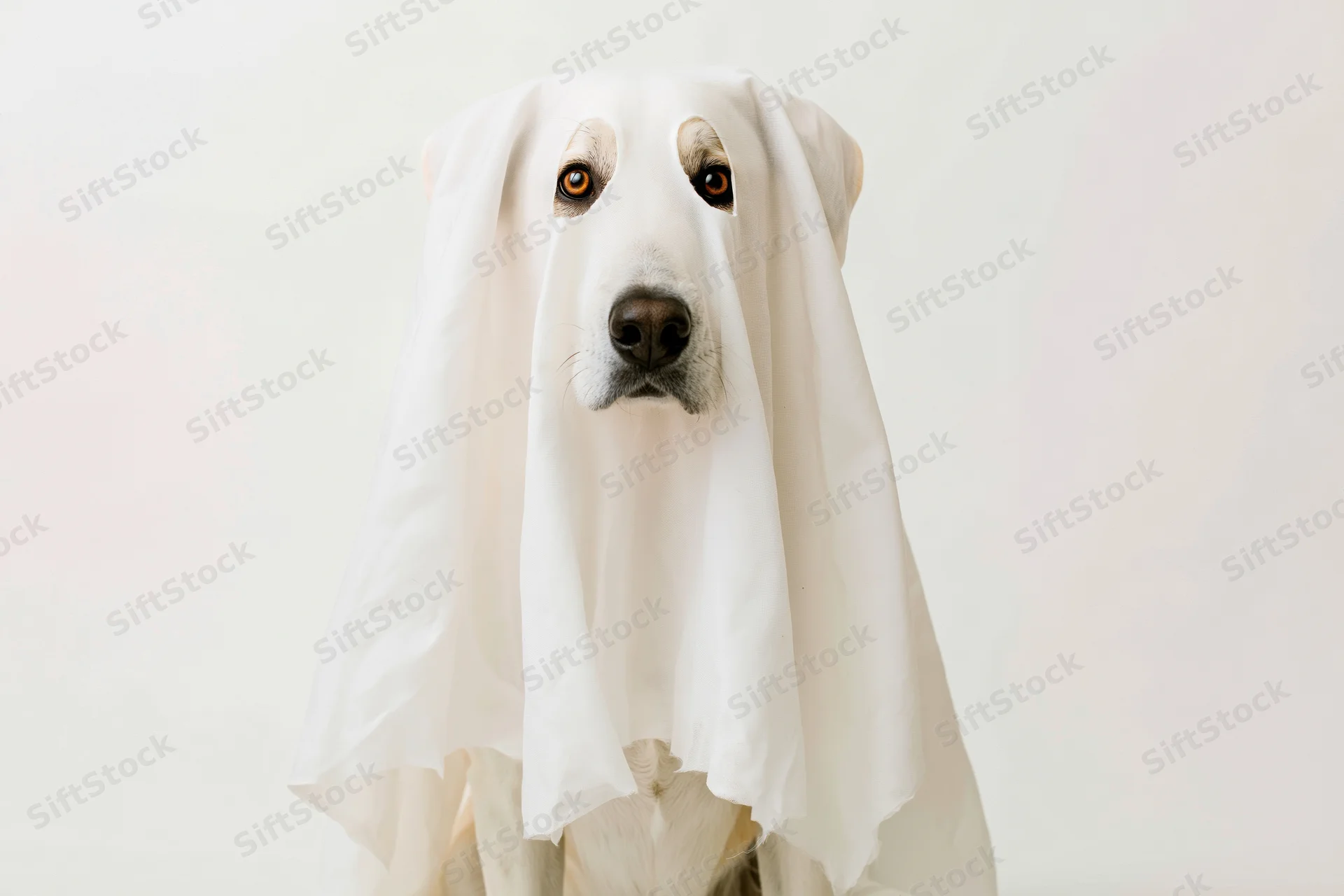 Dog wearing draped white sheet ghost costume in studio setting