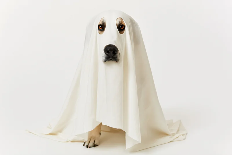 Dog wearing draped white sheet ghost costume in studio setting