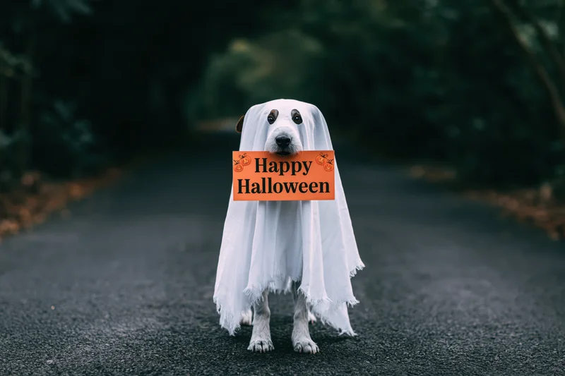 Dog in white sheet ghost costume holding orange happy halloween sign on forest path