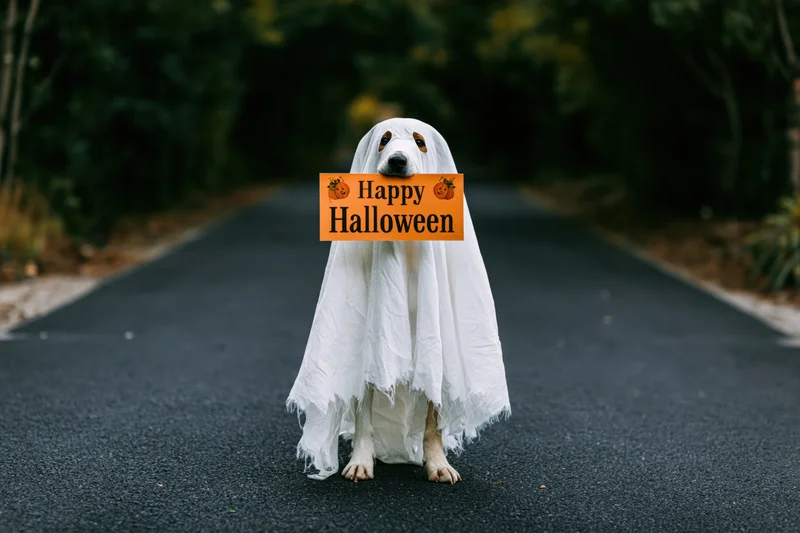 Dog in white sheet ghost costume holding orange Happy Halloween sign on paved path surrounded by trees