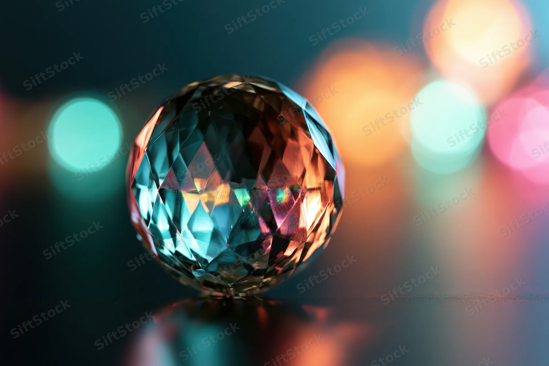 Faceted crystal sphere resting on dark reflective surface with colorful bokeh lights in background