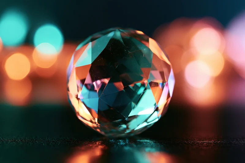 Faceted crystal sphere resting on dark reflective surface with colorful bokeh lights in background