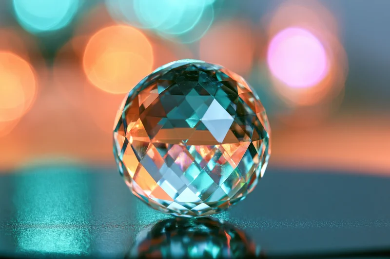 Faceted crystal sphere resting on dark reflective surface with colorful bokeh lights in background