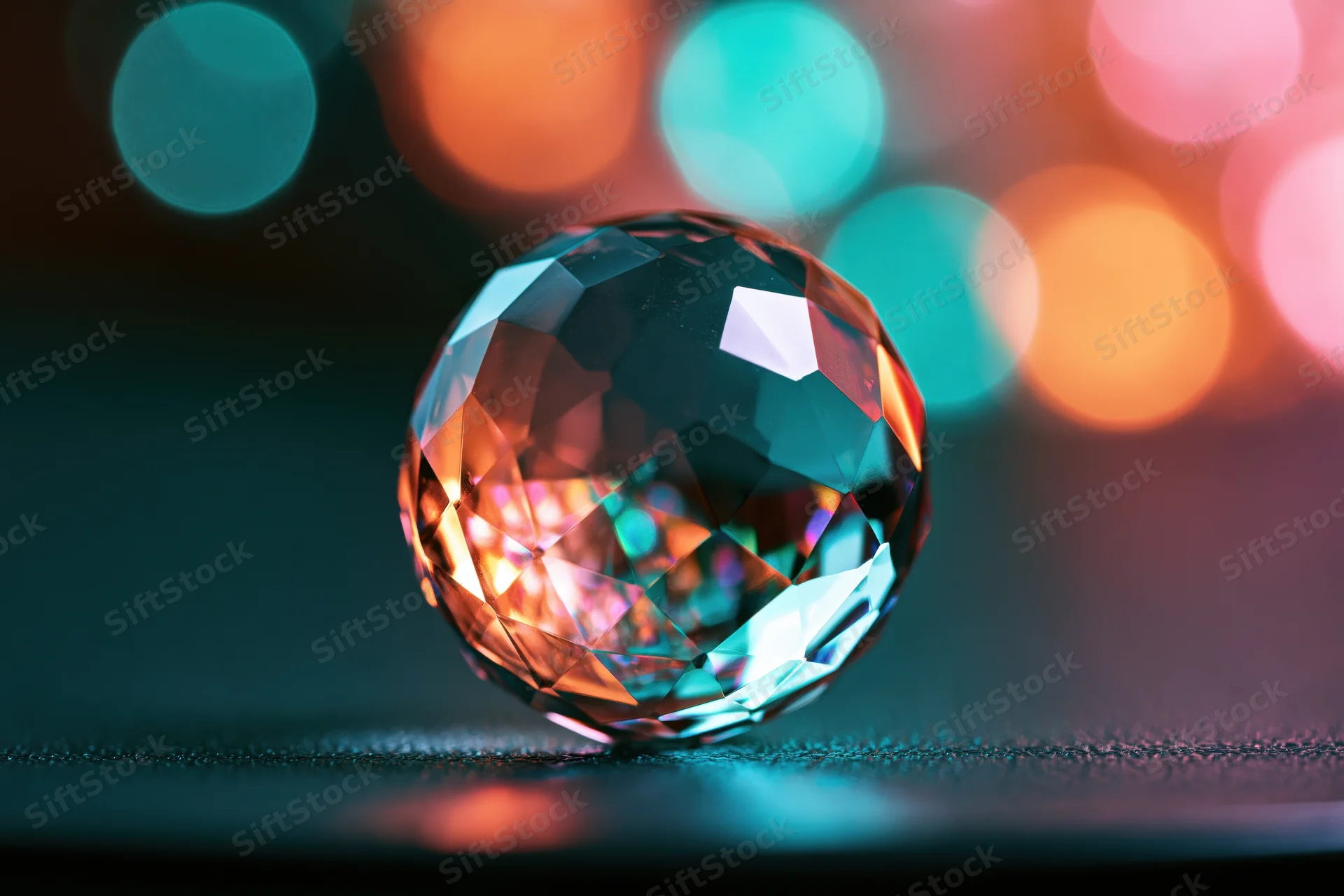 Faceted crystal sphere resting on dark reflective surface with colorful bokeh lights in background