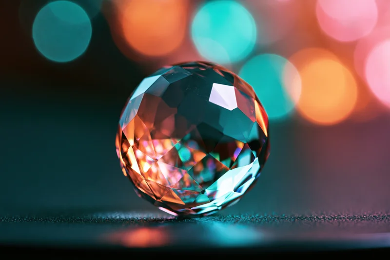 Faceted crystal sphere resting on dark reflective surface with colorful bokeh lights in background