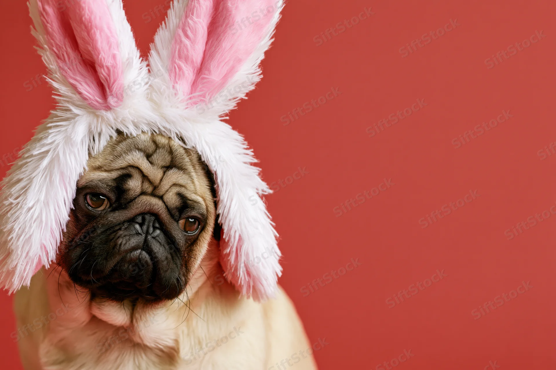Fawn pug wearing fluffy white and pink bunny ears against red background