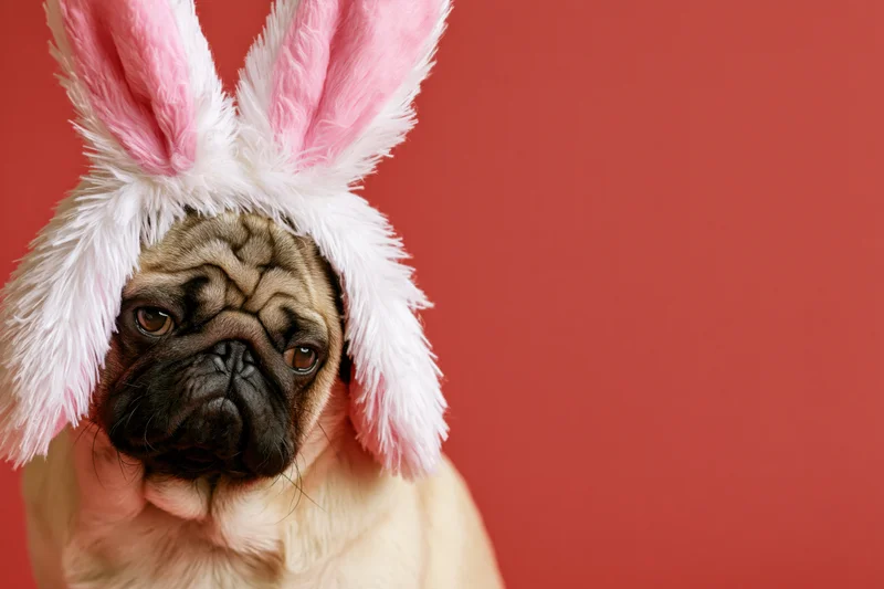 Fawn pug wearing fluffy white and pink bunny ears against red background
