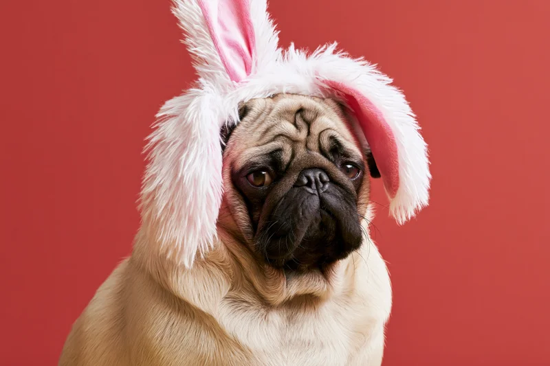 Fawn pug wearing fluffy white and pink plush bunny ears against red background