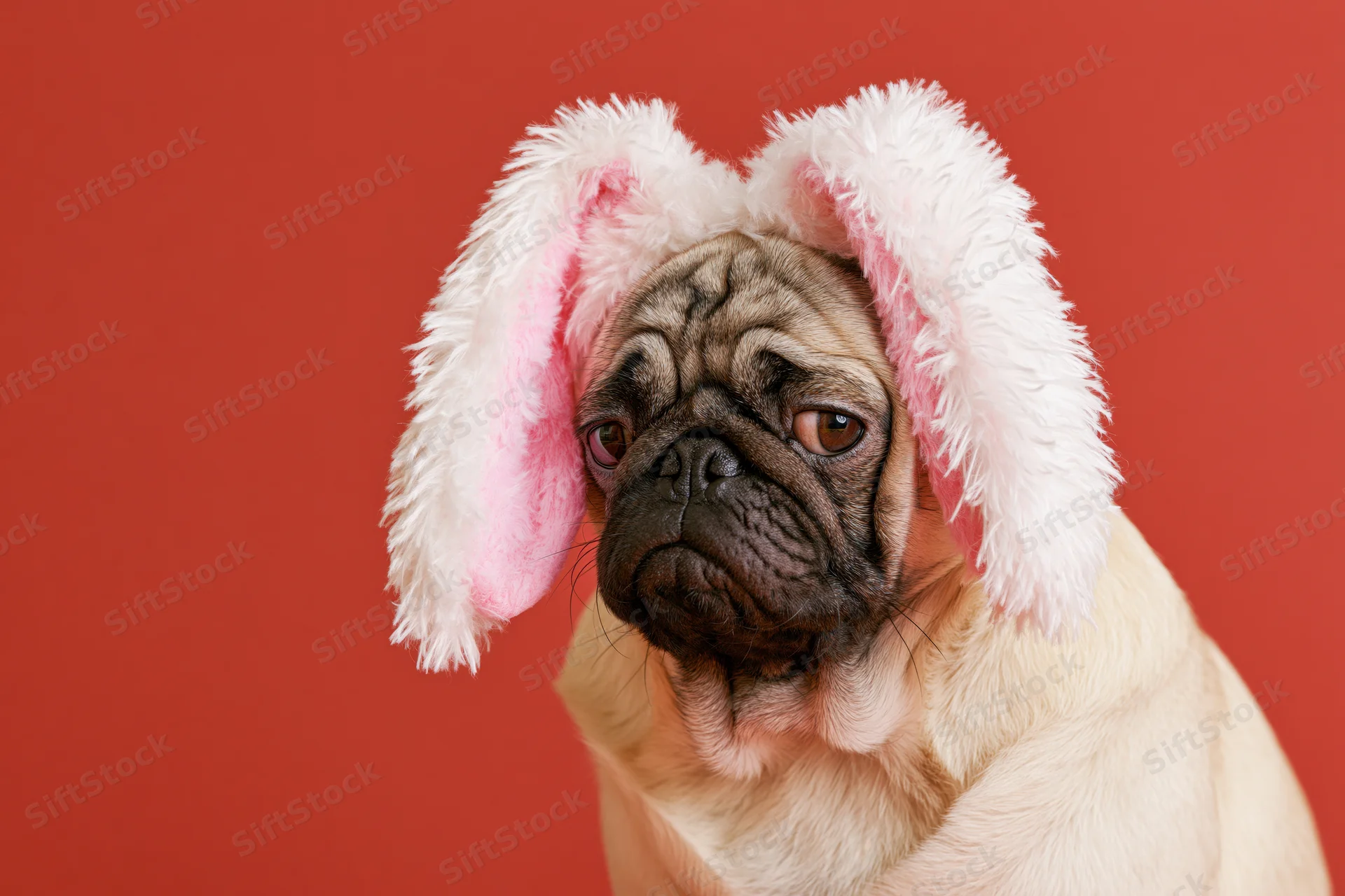 Fawn pug wearing fluffy white and pink plush bunny ears against red background