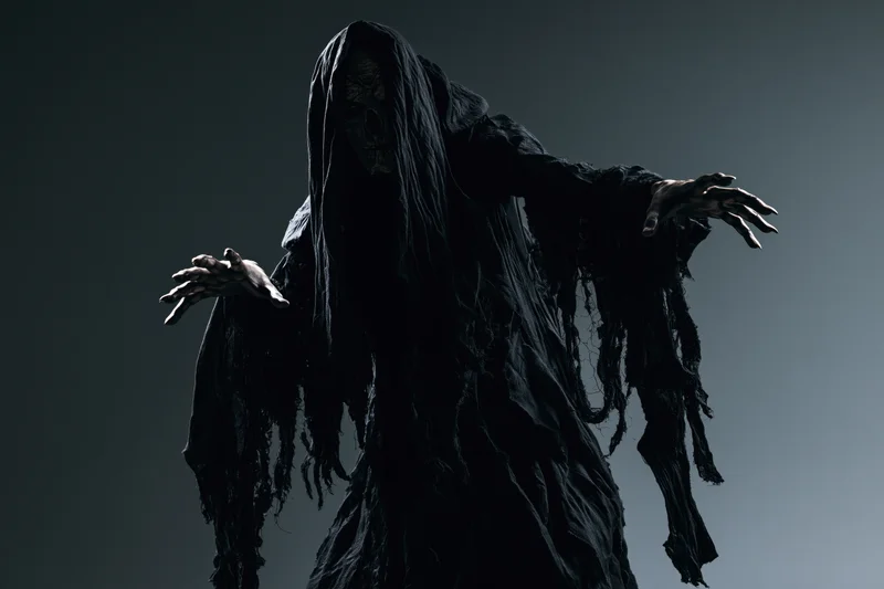 Hooded figure in tattered black robe with outstretched hands against dark background