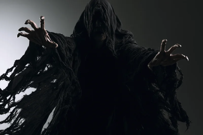 Hooded figure in tattered black robe with outstretched clawed hands against dark background