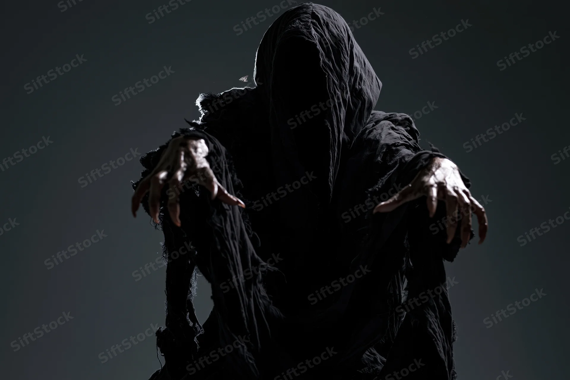 Hooded figure in tattered black robe with outstretched clawed hands against dark background