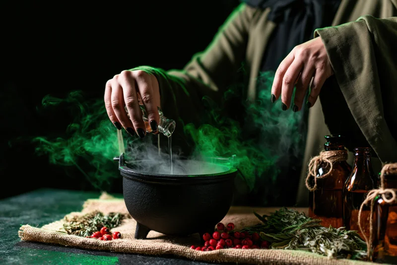 Witch pouring liquid into a smoking cauldron on a table with herbs and berries