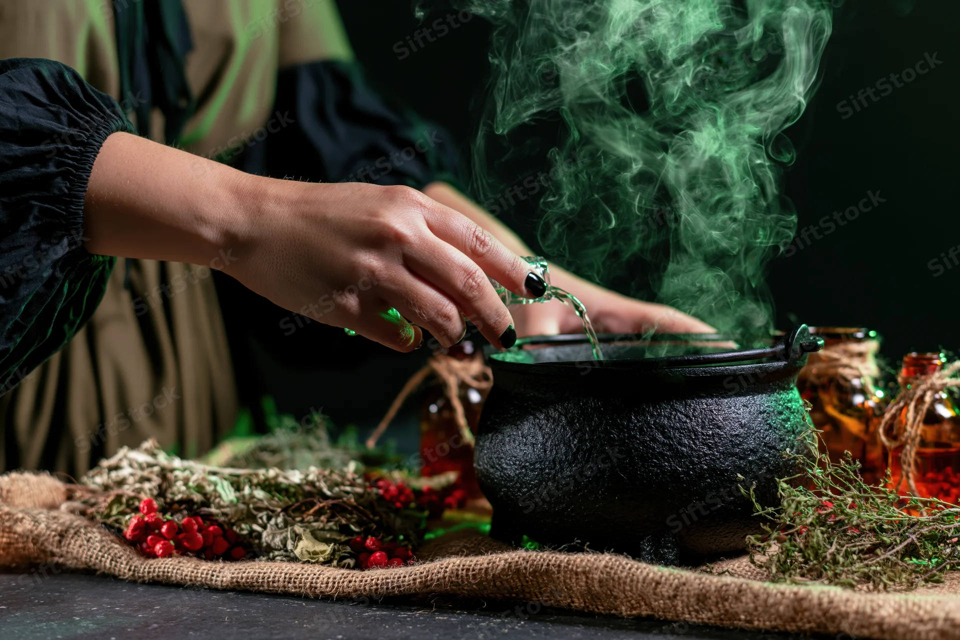 Witch pouring liquid into a smoking cauldron on a table with herbs and jars