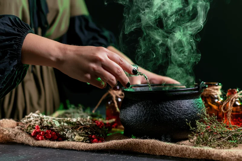 Witch pouring liquid into a smoking cauldron on a table with herbs and jars
