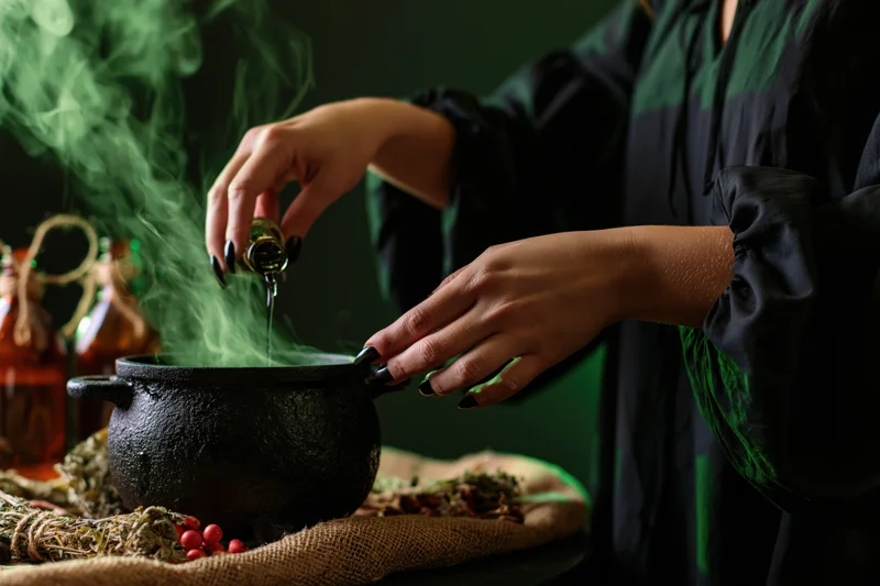Witch pouring liquid into a smoking cauldron surrounded by herbs and bottles