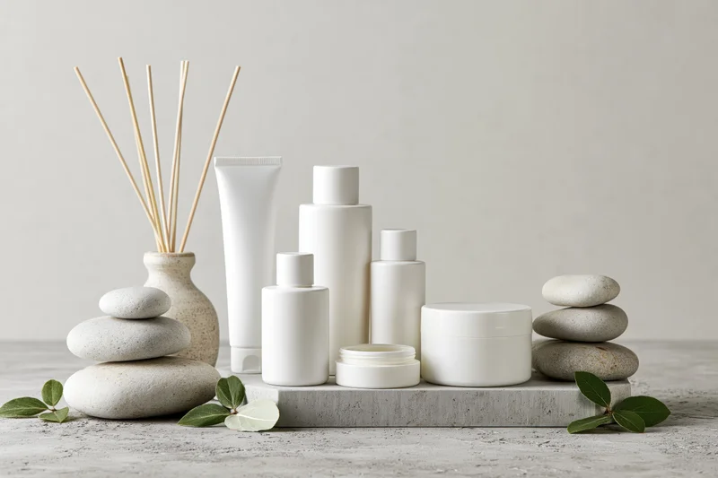 White skincare bottles and tubes arranged with stones and greenery on a concrete surface
