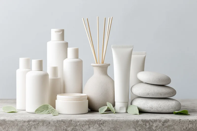 White skincare bottles and tubes arranged with stones and leaves on a concrete surface