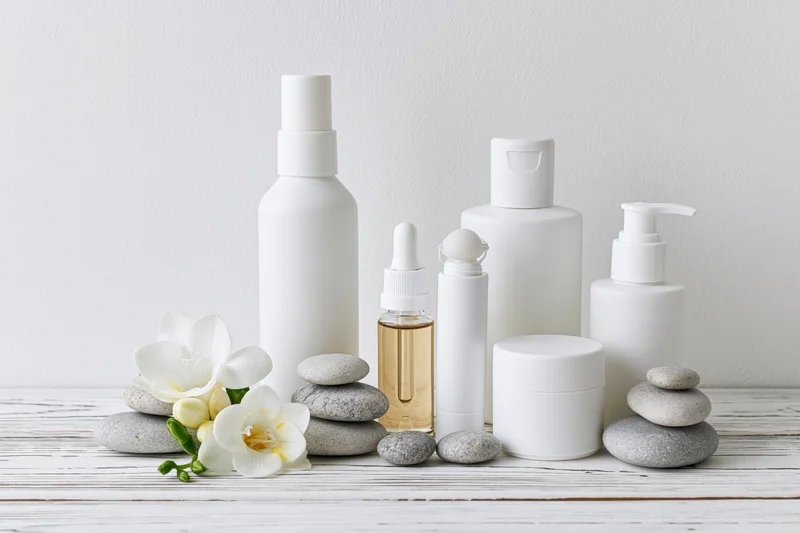 White minimalist skincare products arranged with stones and flowers on a wooden table