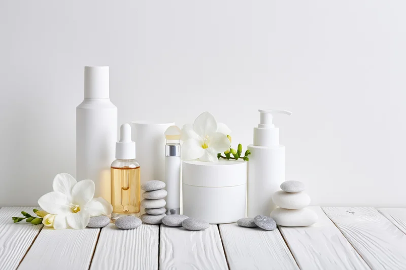 White minimalist skincare products arranged with orchids and stones on a wooden table