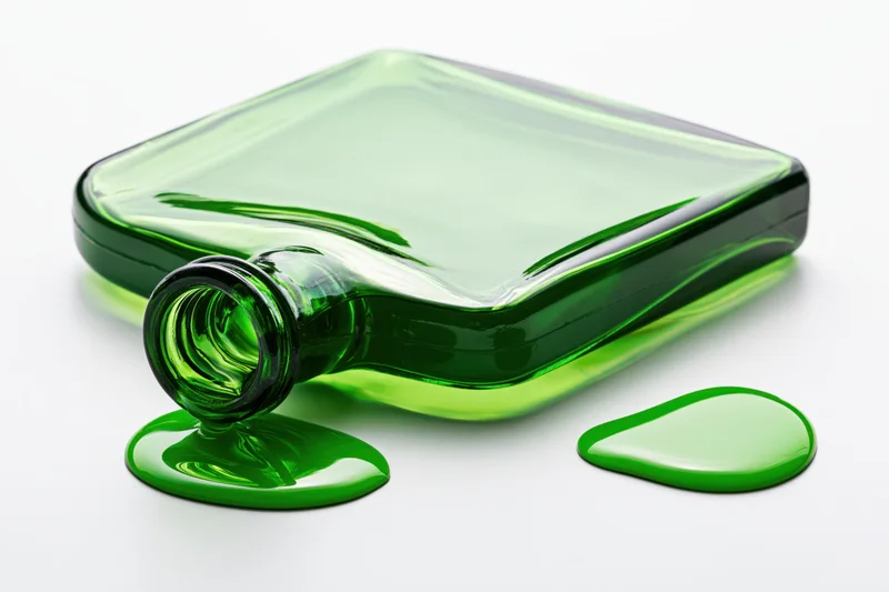 Flat rectangular green glass bottle lying on its side with spilled liquid forming puddles on white surface