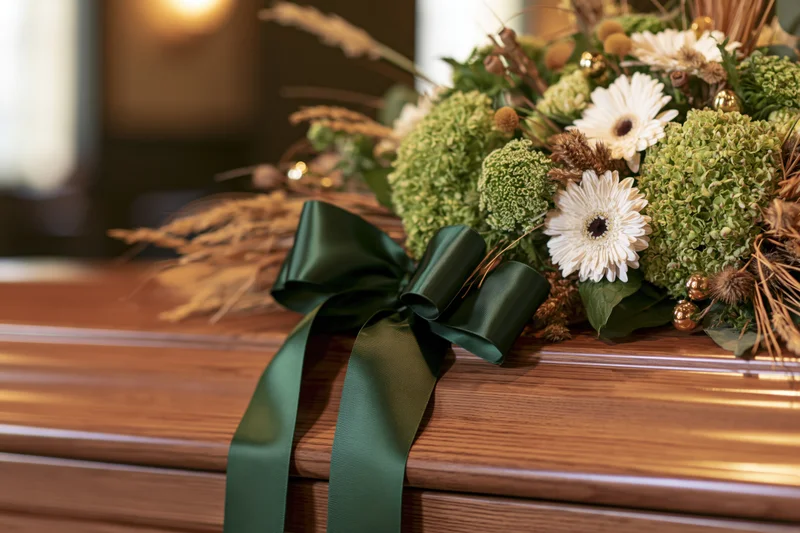 Floral arrangement with dark green satin ribbon bow resting on wooden coffin